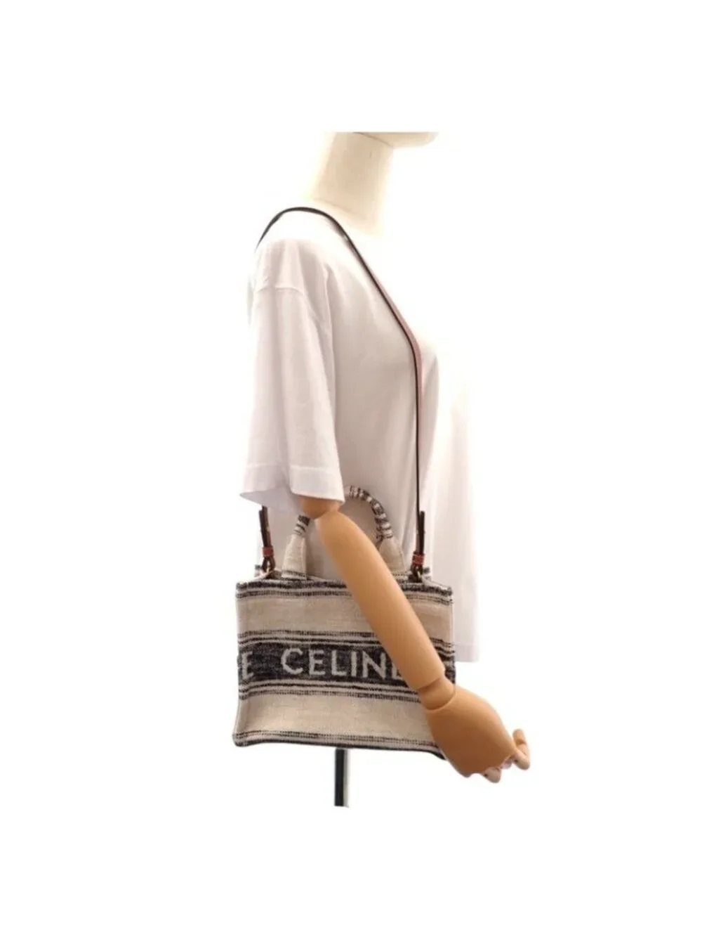 Celine Small Cabas Thais Jacquard Shoulder Bag Tote Cotton Calfskin White Navy